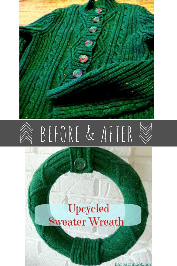 Before and after upcycled sweater wreath